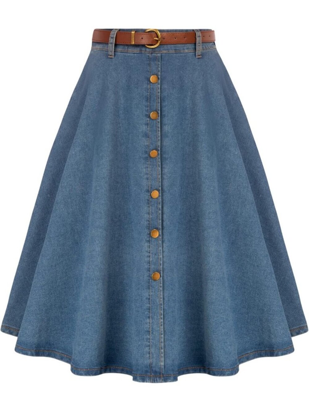 Vintage High Waist Denim Skirt for Women | Below Knee A-Line Jean Skirt with